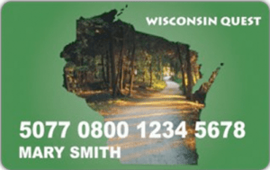 A Wisconsin Quest card with a green background and outline of the state of Wisconsin. The debit-like card used by FoodShare recipients.